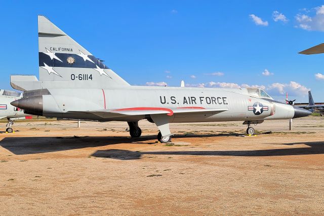 56-1114 — - The F-102 Delta Dagger was the first operational Mach 1 capable supersonic, all-weather interceptor in the United States Air Force. Manufactured by the Convair division of General Dynamics in San Diego, California its signature wasp-waisted delta-wing design found its inspiration in technology developed bybr /br /German scientists during the Second World War.br /br / br /br /Entering duty in April 1956, during the height of the Cold War, the F-102's high-altitude and high-speed capabilities provided an effective solution to the threat posed by the massive Soviet bomber force.br /br / br /br /The F-102 used an internal weapons bay to carry up to six AIM-4 infrared or radar guided missiles and rockets. Delta Daggers, more commonly known as "Deuces", saw limited operational use in Southeast Asia from March 1962 to December 1969 in its primary role as an air defense interceptor and in an additional mission as an escort fighter for B-52 Stratofortress bombers. A single F-102 was lost to a North Vietnamese MiG-21 in air-to-air combat; fourteen others were lost to a combination of sapper attacks and accidents.br /br / br /br /Over 1,000 F-102s were accepted into the U.S. inventory, flying for two decades until their gradual replacement by the Mach 2 capable F-106 Delta Dart. Over 200 F-102s were subsequently converted for use as target drones (QF-102A or PQM-102A).br /br / br /br /The museum's F-102A, serial number 56-1114, entered the active service in May 1957. It was stationed with the 52nd Fighter Group at Suffolk County AFB, NY, the 79th Fighter Group, Youngstown, OH and the 1st Fighter Group, Selfridge AFB, MI. In December 1960, the aircraft was transferred to the114th Fighter Group (ANG), Sioux Fall, SD and finally to the 114th Fighter Group (ANG), Fresno, CA. where it was retired in 1970 and moved into storage at Davis-Monthan AFB, AZ.br /br / br /In 1988, aircraft 56-1114 was mounted on a pedestal and placed on static display in front of the South West Air Division Operations Center at March AFB. In 1996, the aircraft was removed from the pedestal; by October 2000, the aircraft was restored for display at the MFAM. Today it wears the colors of its last assignment 114th Fighter Group CA ANG. This aircraft is on loan from the NMUSAF