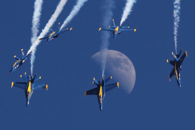 McDonnell Douglas FA-18 Hornet (16-3435) - The Blue Break is capitalized by the moon in the background.