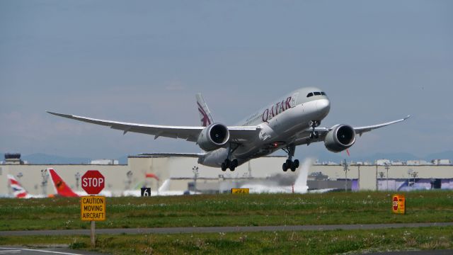 Boeing 787-8 (A7-BDB) - QTR3372 on rotation from Rwy 16R beginning its delivery flight to OTHH/DOH on 4/21/16. (ln 410 / cn 38346).