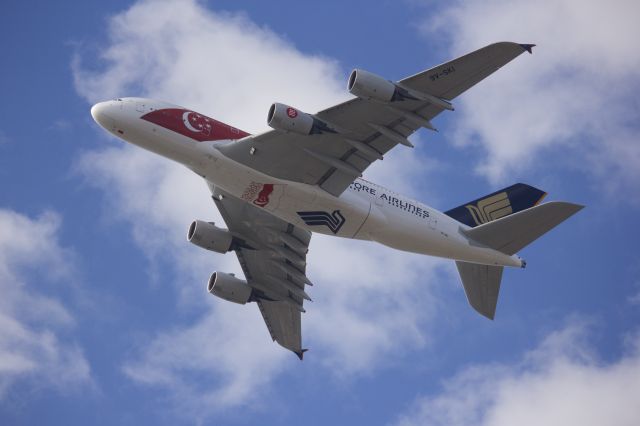 Airbus A380-800 (9V-SKI) - Singapore Airlines a380 in its SG50 livery rocketing out of Sydney.