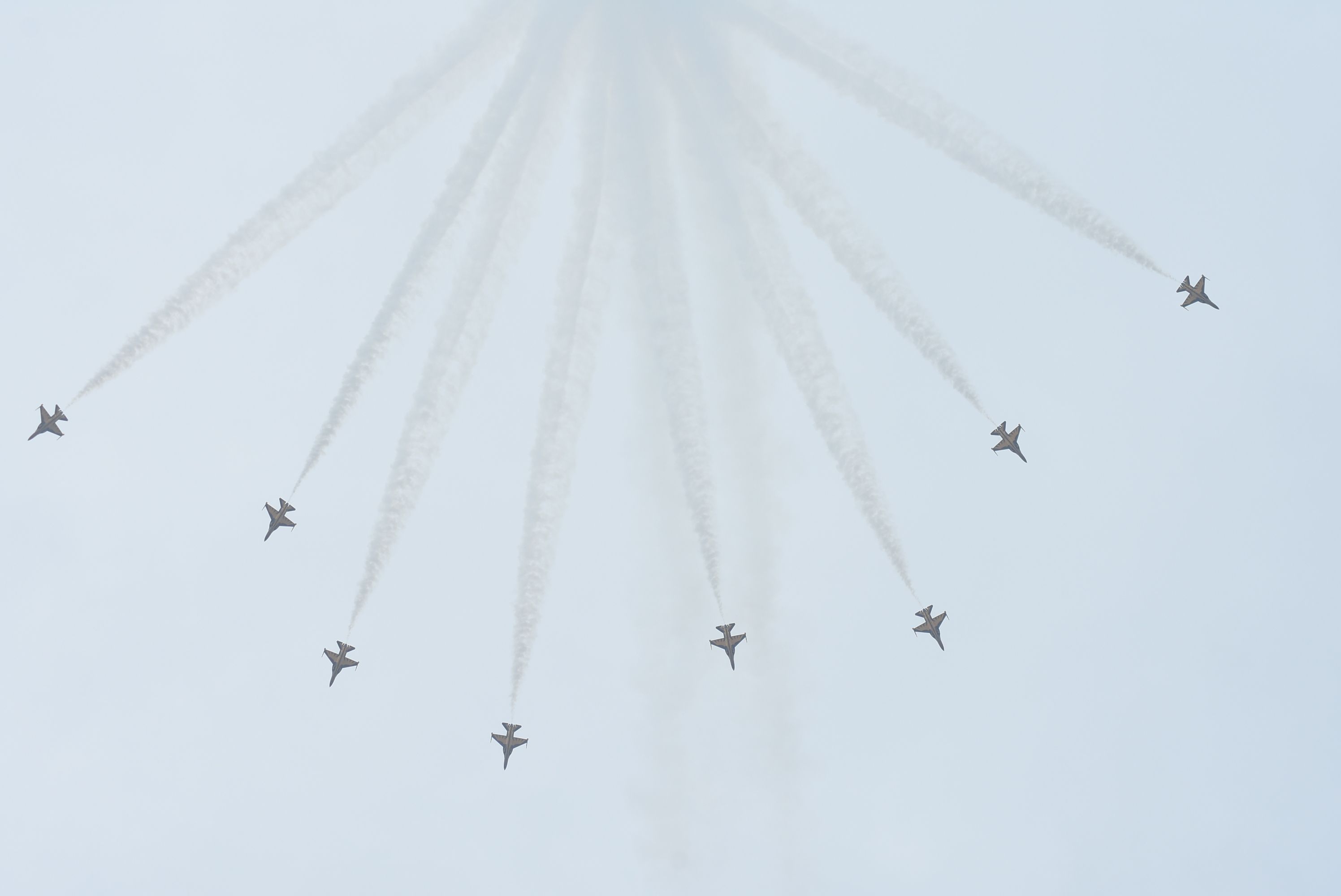 — — - A spectacular display by the Korean Black Eagles display team at the Singapore Airshow 20 February 2016. 