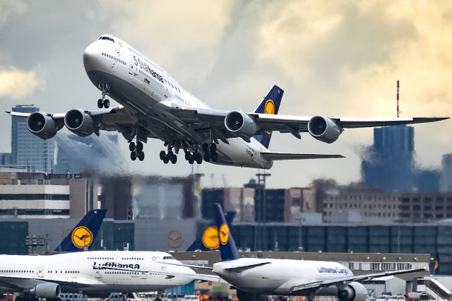 — — - Lufthansa big ones on a bad weather day here in Frankfurt