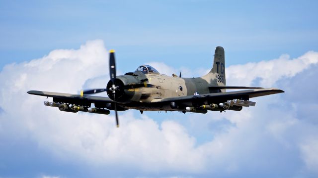 N965AD — - Heritage Flight Museum Warbird Weekend 8.19.17. A Douglas AD-4NA Skyraider "THE PROUD AMERICAN" (Ser #126965) makes a pass over Rwy 22.