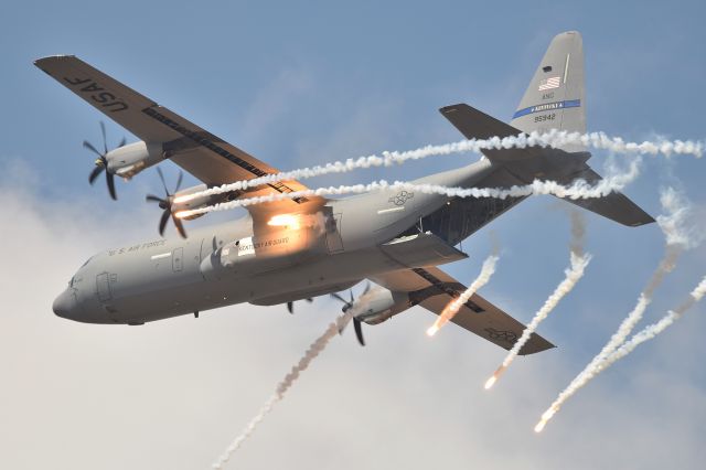 Lockheed EC-130J Hercules (19-5942) - Thunder Over Louisville Practice day, 04-19-24, over the Ohio River release some chaff flares. Kentucky Air National Guard J model C-130. Beautiful sight!