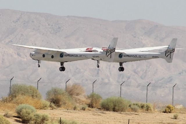 — — - Virgin Galactic Whiteknight Two Launch vehicle for Spaceship Two. Making touch and goes at Mojave, CA airport august 5TH 2016. See more at Virgin Galactic.com