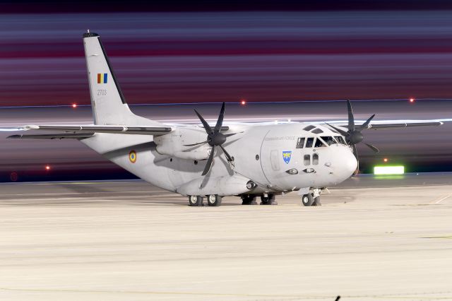 ALENIA Spartan (C-27J) (N2703) - Tenerife Sur - Reina Sofia (TFS / GCTS) - Spainbr /br /Photo taken: October 4, 2023br /br /Operator: Romanian Air Force (Forțele Aeriene Române)br /Type: Alenia C-27J Spartanbr /Registration: 2703br /Serial: 4156br / br /Category: Military Aircraft - Transport/Utility/Reconbr /Marked as: Dawn/dusk/night