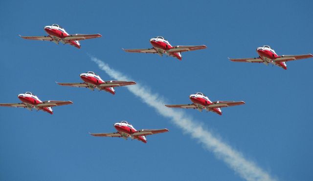 11-4090 — - Seven CT114 Tutors of the Canadian Forces 431 Air Demonstration Squadron streak toward the grandstand as they make the final pass of their Saturday (September 18) performance at the 2010 National Championship Air Races at Reno Stead Airport. Their show was an outstanding exhibition of superb flying on a perfect day. (Note: 114090 is the aircraft on the extreme right.)