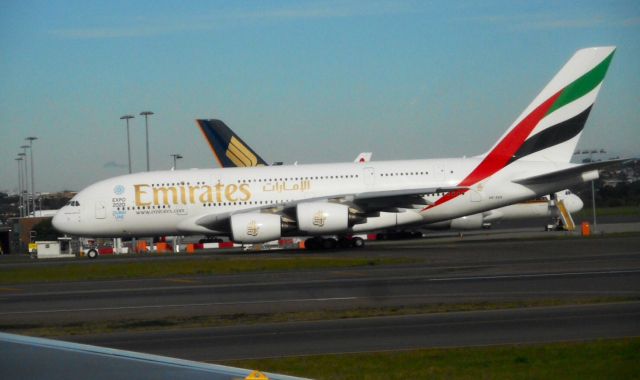 Airbus A380-800 (A6-EEK) - Taken from inside a Qantas 767 as we taxied into Sydney