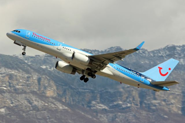 Boeing 757-200 (G-OOBN) - Impressive take off on runway 36 at Chambery!