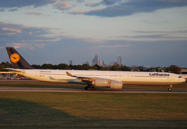 Airbus A340-600 (D-AIHT) - On her way back to Munich rolling 18C at KCLT - 10/24/10