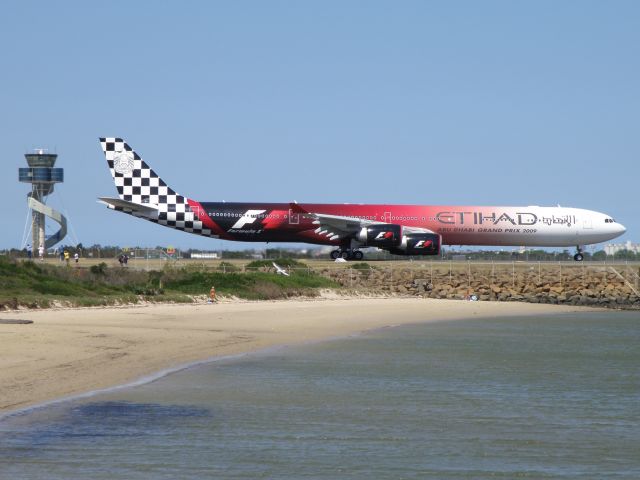 Airbus A340-600 (A6-EHJ) - This A340 ETIHAD in GRAND PRIX 2009 colour scheme is looking magic departing Sydney Australia on 13/01/2009.br /MSN 933.