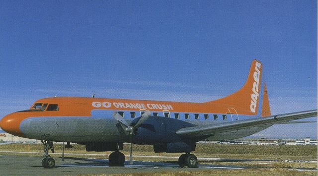 CONVAIR CV-340 Convairliner (N5412) - scanned from postcardbr /Aspen Airways "Go Orange Crush" referring to 1978 Denver Broncos Superbowl