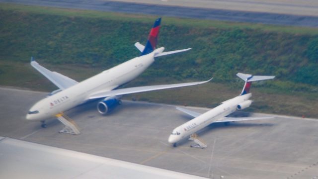 Airbus A330-300 (N401DZ) - Old vs. new!  A brand new A330neo along side a classic MD-88!