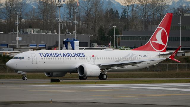 Boeing 737 MAX 8 (TC-LCG) - BOE225 waits permission to taxi onto Rwy 16R and depart for KBFI during a C1 flight on 12.17.18. (ln 7225 / cn 60038).