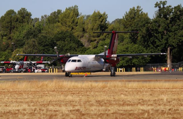 de Havilland Dash 8-200 (N993BH) - KRDD Jumper 93 at the hold bars for Runway 16 for departure NE towards the Green Fire west of Round Mountain, CA July 4th, 2025. This plane is new to Redding USFS Northern Operations Center. The former Jumper was N257MC Do228 and it has not been here in quite awhile, This is the first time I was able to get the dash 8 departing.