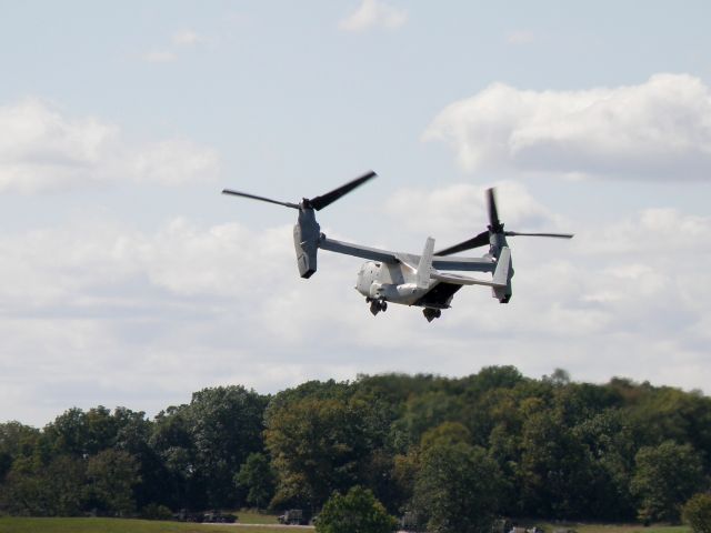 Bell V-22 Osprey (16-5847) - A V22 Osprey (165847) of Marine Medium Tiltrotor Squadron (VMM) 162 based at MCAS New River, NC (KNCA) transitions to  horizontal flight following take-off at Capitol City Airport (KFFT).  Marines of the 24th Marine Expeditionary Unit were training prior to an upcoming deployment.