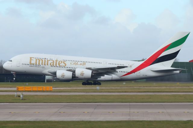 Airbus A380-800 (A6-EEN) - Taking off back to Dubai as EK18 on the afternoon of Wednesday 05/02/25