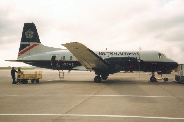 Hawker Siddeley HS-748 (G-BCOE) - Seen here in Jul-91.br /br /With British Airways from Jul-75 to Jun-92.br /Reregistered VH-IMI 12-Oct-94 then ZS-DBM, 9G-MKV, 5Y-HVS, back to ZS-DBM then 5Y-PFA for Planes of Africa.