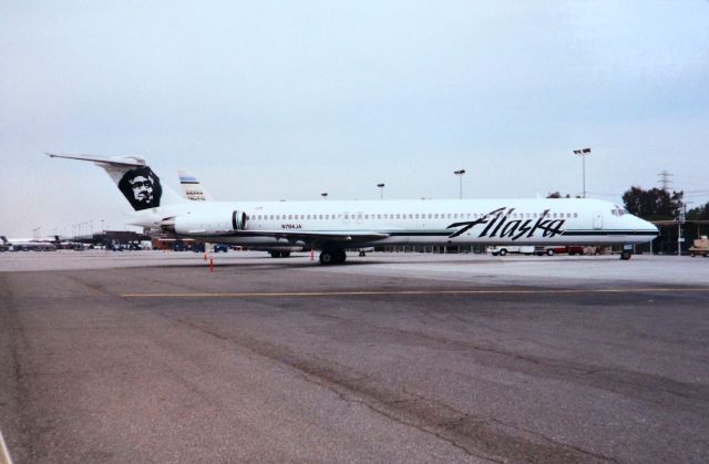 McDonnell Douglas MD-82 (N784JA) - KSJC early 1990 Alaska MD80 series taken from Jet America - and in service with Alaska shown parked at the remote slot next to Sierra Pacific 737. I was on a ramp ride with for about 15 mins only. N784JA was delv to jet America 12/02/86 eventually re-reg as N953AS with Alaska - June 1991.CN:49386 LN:1287 ( Thx Gman)