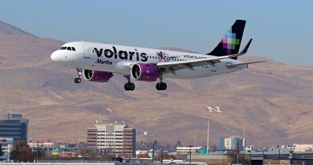 Airbus A320neo (XA-VRV) - VOI's XA-VRV, the 90th jet to be added to Volaris's passenger fleet inventory, covers the final 2000 feet of its approach to RNO's 17R as it arrives from Guadalajara (MMGL) about 45 minutes before high noon.br /br /* XA-VRV wears a special "90" sticker that denotes it as VOI's 90th fleetbird. *br /** Also worthy of note is that XA-VRV displays the name "Martha" on the port side (as seen here) but it displays the name "Rafael" on the starboard side. **