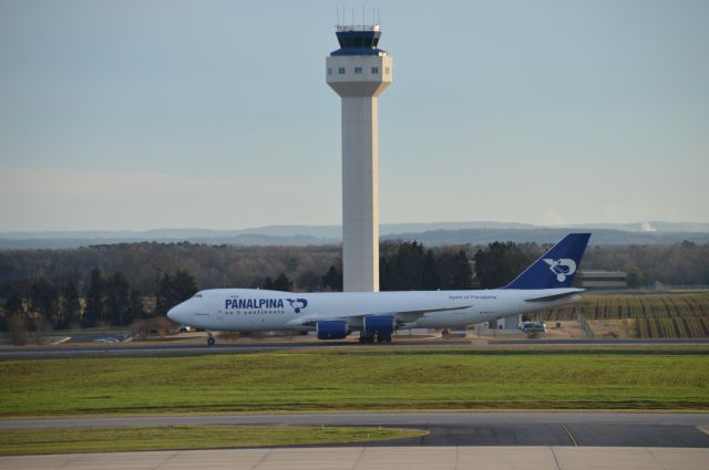 BOEING 747-8 (N850GT) - Atlas Air N850GT 747-8F in the Panalpina "Spirit of Panalpina" livery taxiing in front of the control tower at Huntsville International Airport on taxiway L.