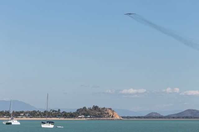 — — - The great thing about 50's Engine Turbine Technology, is it makes it much easier to spot aircraft from afar. This aircraft first appeared as a black smudge on the horizon. She flew past over The Strand at 3000ft as part of the Pacific War Commemorations.