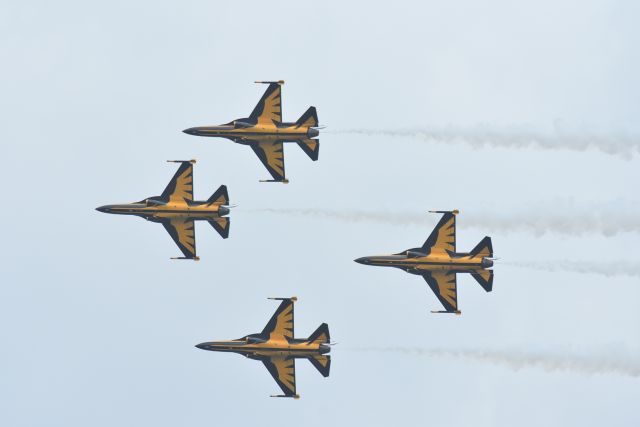 — — - A spectacular display by the Korean Black Eagles display team at the Singapore Airshow 20 February 2016. 