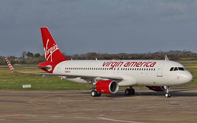 Airbus A320 (N286VA) - virgin america a320 n286va taxiing to stand at shannon for a fuel stop while on its delivery flight 3/2/16.