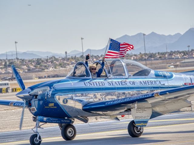 N134JC — - 2019-11 17, Aviation Nation Air Show at Nellis AFB. Julie Clark's last performance. I always enjoyed watching her gleaming T-34 carve it's way through the sky.