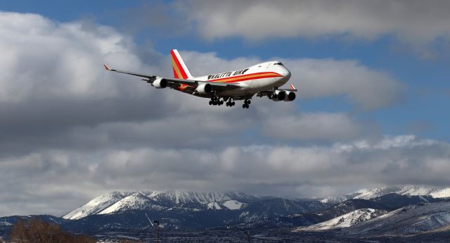 Boeing 747-400 (N403KZ) - The Queen of the Skies, a CKS B744, on very short final to 34R after a brief half-hour hop over the Sierra Nevada from Travis AFB (KSUU), CA.