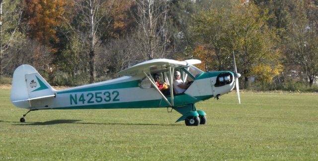Piper NE Cub (N42532) - Taxiing for departure for a Pumpkin drop is this 1945 Taylorcraft J3C-65 Cub in the Autumn of 2022.