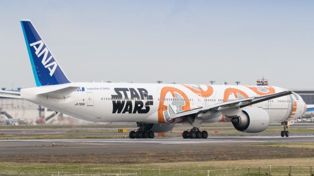 BOEING 777-300 (JA789A) - “BB-8 ANA JET” LIVERYbr /I photographed it in a Narita Sakuranoyama Park.br /All Nippon Airways / Boeing 777-381/ERbr /Apr.09.2016 Narita International Airport [NRT/RJAA] JAPAN