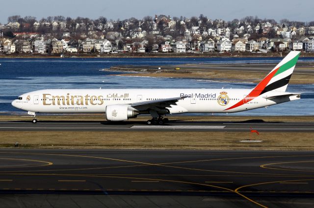 BOEING 777-300 (A6-ECG) - Emirates latest livery promoting the Real Madrid Football Club making its first visit to Boston