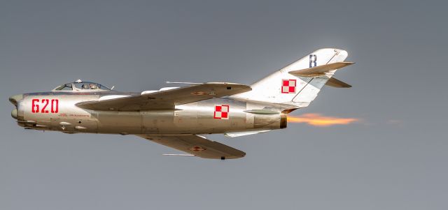 MIKOYAN MiG-17 (N620PF) - Randy Ball shows off the afterburner on this immaculate MIG 17 at Airshow London 2017