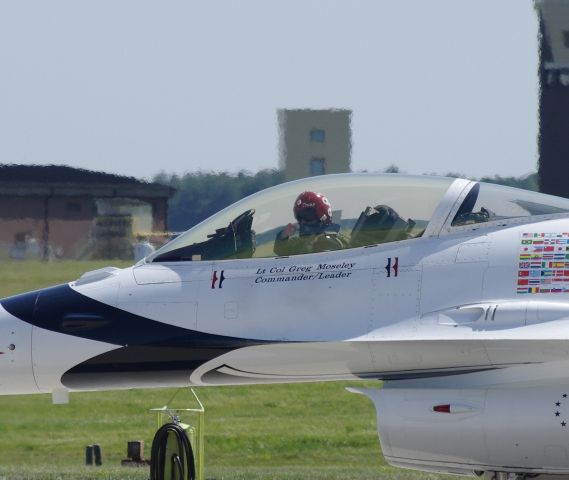 Lockheed F-16 Fighting Falcon — - MCGUIRE AIR FORCE BASE-WRIGHTSTOWN, NEW JERSEY, USA-MAY 12, 2012: In this photo from the 2012 Base Open House and Air Show, Lt Col Greg Moseley, Commander/Leader of the 2012 United States Air Force Thunderbirds, can be seen gesturing to the crowd as he prepares for take off.