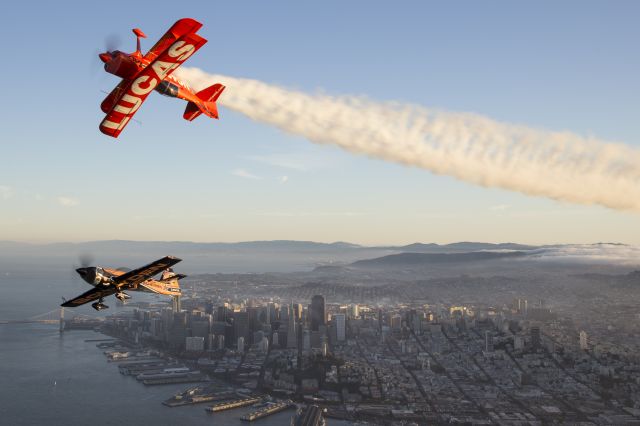 PITTS Special (S-1) (N5111B) - Mike Wiskus inverted overhead Super Dave Matheson over San Francisco Bay during the weekend of the Fleet Week Airshow