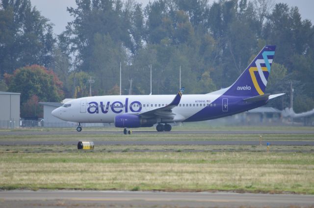 Boeing 737-700 (N706VL) - A momentous day for Salem-McNary Field (KSLE/SLE) and the city of Salem as VXP220 departs on 31 for Las Vegas (KLAS/LAS) on the inaugural day of Avelo Airlines' new service to Salem! Prior to Avelo, it had been 15 years since KSLE had commercial jet service. 