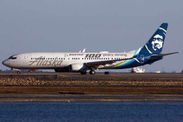 Boeing 737-900 (N248AK) - Alaska B739 in special 'Boeing 100 Years Strong' livery departing BOS on 3/14/22.