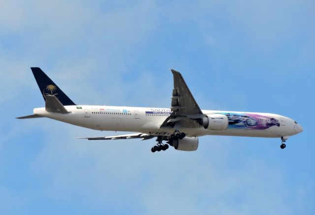 BOEING 777-300 (HZ-AK43) - This "ABB Formula-E Championship" livery is minutes before landing, winter 2019.