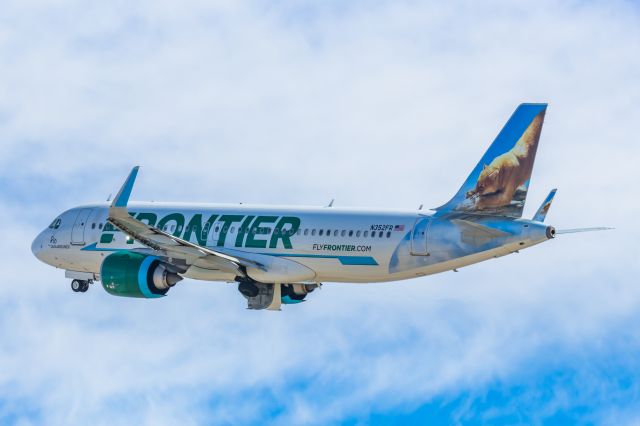 Airbus A320neo (N352FR) - A Frontier Airlines A320 neo "Rio the Jaguarundi" taking off from PHX on 2/11/23 during the Super Bowl rush. Taken with a Canon R7 and Canon EF 100-400 II L lens.
