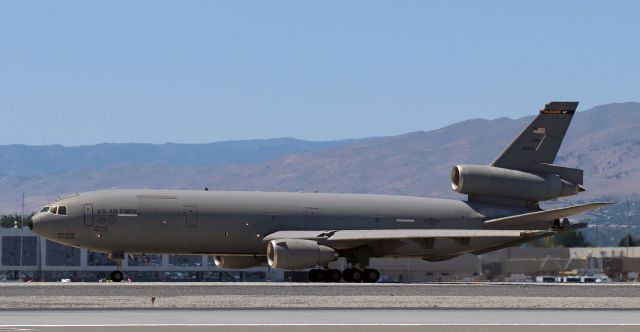 86-0032 — - Photo shows the last takeoff of USAF 86-0032, a 37 year old McDonnell Douglas KC-10A Extender, accelerating down RNO's 17R.  (Temp on the runway during this departure was 116 degrees F.)br /It was departing RNO enroute to the military aircraft graveyard at Davis-Monthan AFB in Arizona.