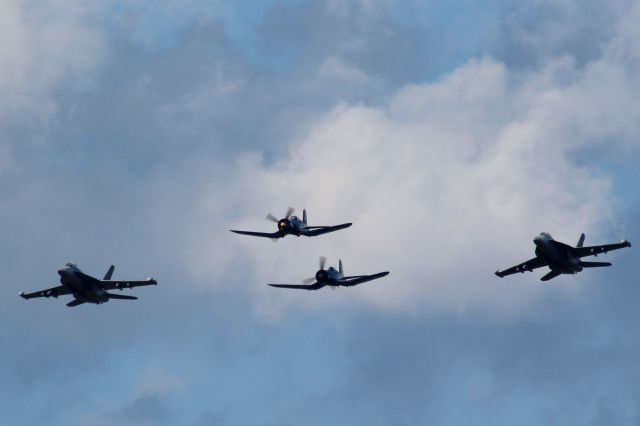 VOUGHT-SIKORSKY V-166 Corsair (N713JT) - Navy Heritage Flight featuring a pair of gorgeous Corsairs coming in & out of the shadows in the sky. 