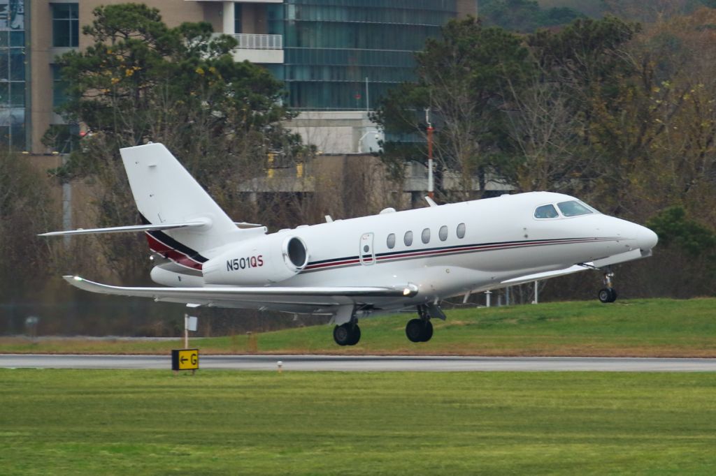 Cessna Citation Sovereign (N501QS) - N501QS is a 2016 Cessna Citation 680 seen here departing Atlanta's PDK executive airport. I shot this with a Canon 100-400mm IS II lens at the focal length of 340mm. Camera settings were 1/2000 shutter, F5.6, ISO 1000. Please check out my other photography. Votes and positive comments are always appreciated. Questions about this photo can be sent to Info@FlewShots.com