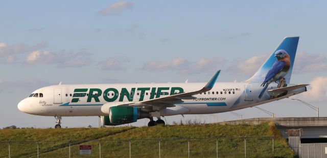 Airbus A320 (N203FR) - 10/08/22 'Betty the Bluebird' taxis in on Juliet from Rwy 35R