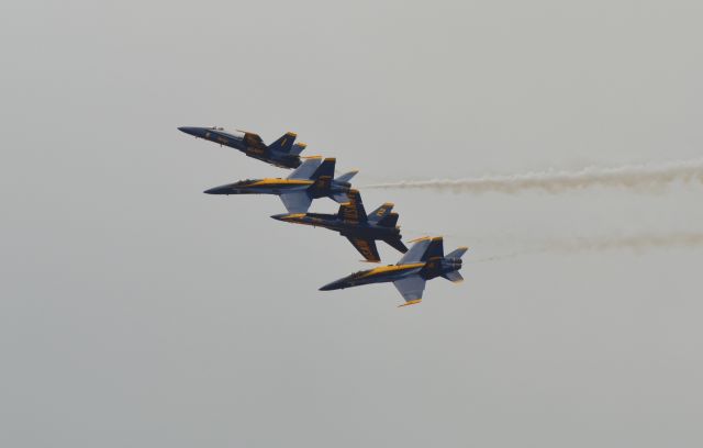 McDonnell Douglas FA-18 Hornet — - US Navy Blue Angels Diamond formation conducting a crossover break at the Power on the Prairie Airshow - 2012 in Sioux Falls SD