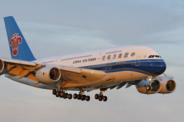 B-6140 — - Last rays of sunlight for the day hit this China Southern Airlines operated Airbus A380-841 superjumbo seconds before touch down at the Los Angeles International Airport, LAX, in Westchester, Los Angeles, California