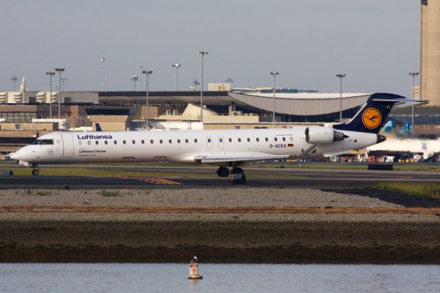 Canadair Regional Jet CRJ-900 (D-ACKA) - A very rare visitor to Boston Logan Airport - this Lufthansa CRJ-900LR arrived from Goose Bay on June 8th and seen here departing for Chicago O'Hare. The plane was probably sold to another airline, possibly Sky West.