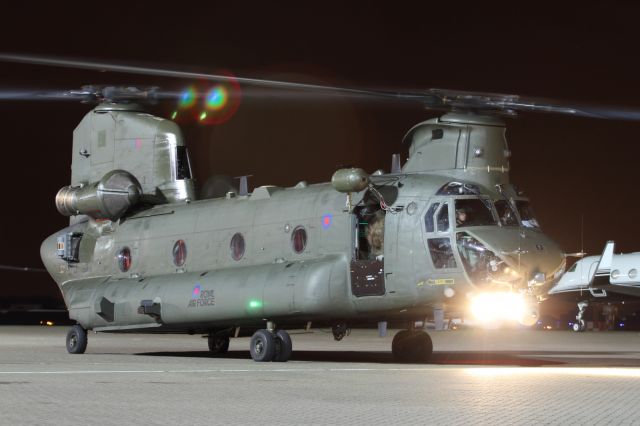 — — - A Boeing Chinook payed a brief visit without powering down, before departing.