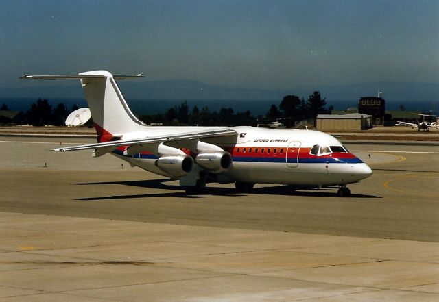 British Aerospace BAe-146-200 (N292US) - KMRY- N292US back when it used to be Westair DBA United Express, this jet in a brand new paint job and unfinished, just landed at Monterey CA on a flight from LAX. View looking north, before the blanks at KMRY decided to put a worthless glass shield up on the observation deck. I quit going to KMRY for many years and didnt spend any money in their restaurants - which I did before the fools put up the plexiglass.br /br /Serial number 2087 LN:87br /Type Bae 146-200br /First flight date 08/10/1987br /Test registration G-5-087