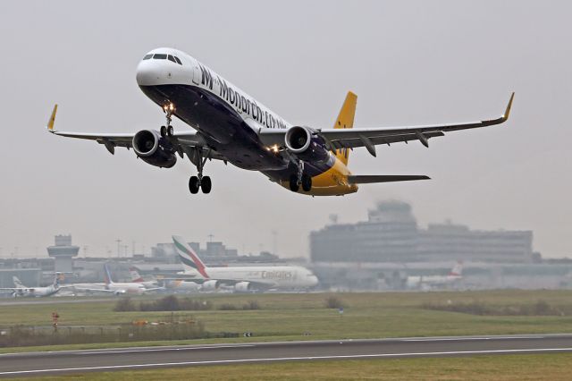 Airbus A321 (G-ZBAD) - MON6302 departing to Geneva.